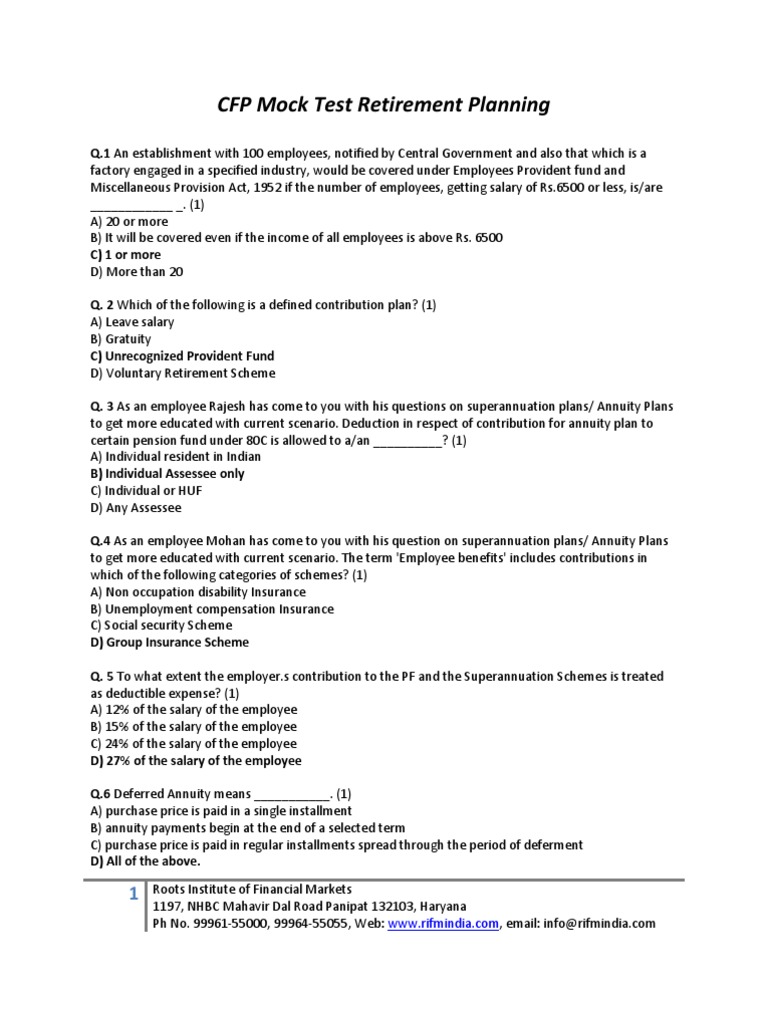 CFP Mock Test on Retirement Planning | PDF | Pension | Retirement