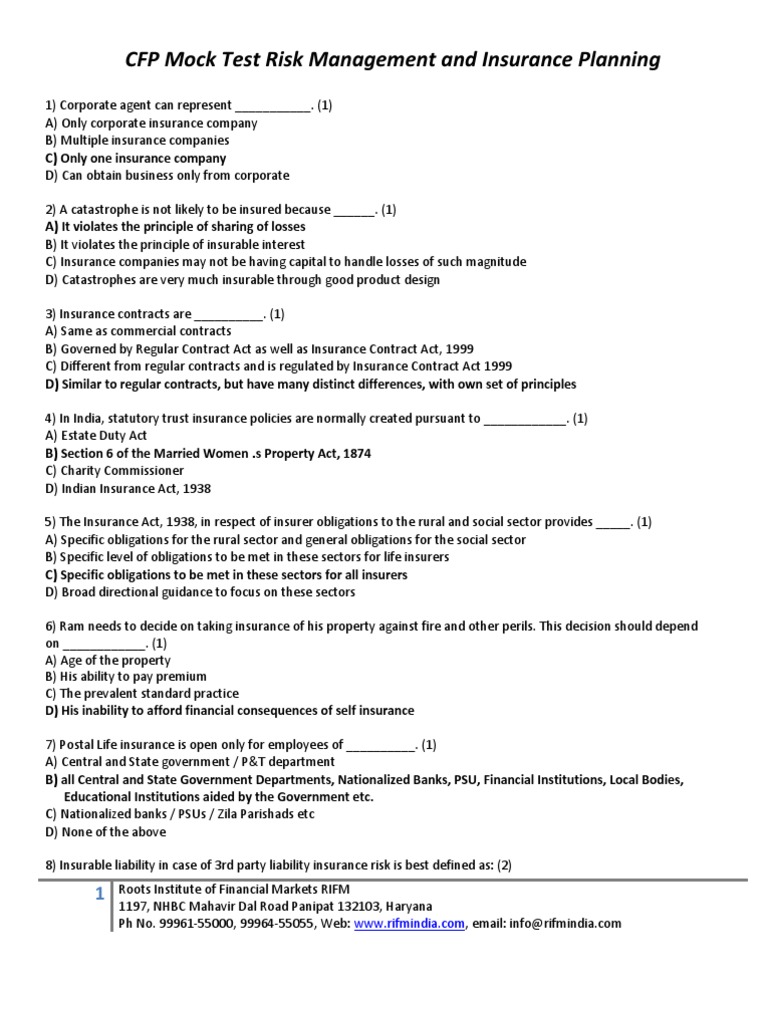 CFP Mock Test: Risk Management & Insurance | PDF | Life Insurance ...