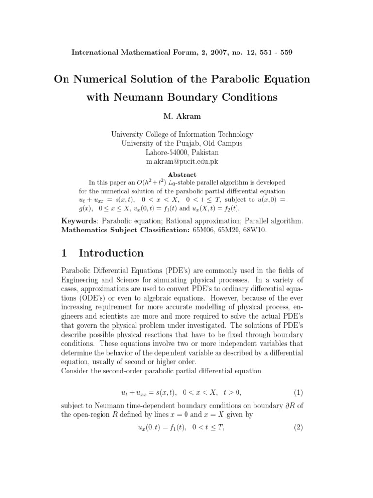 On Numerical Solution of The Parabolic Equation With Neumann Boundary ...