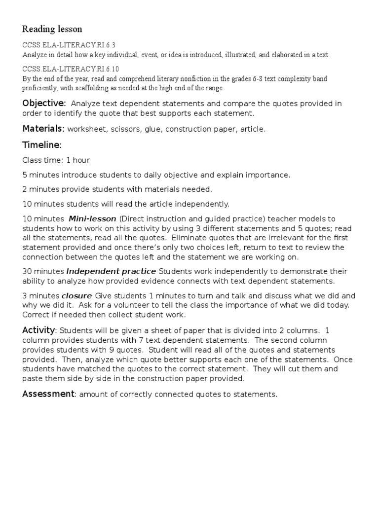 Grade 6 Reading Analysis Lesson | PDF