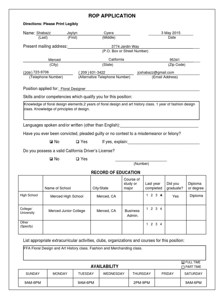 ROP Application Form for Job Candidates | PDF
