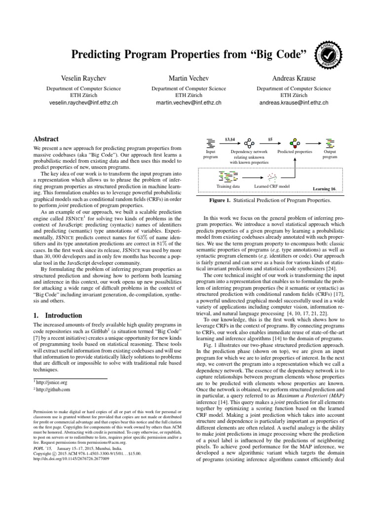 Predicting Program Properties From "Big Code": Veselin Raychev Martin ...