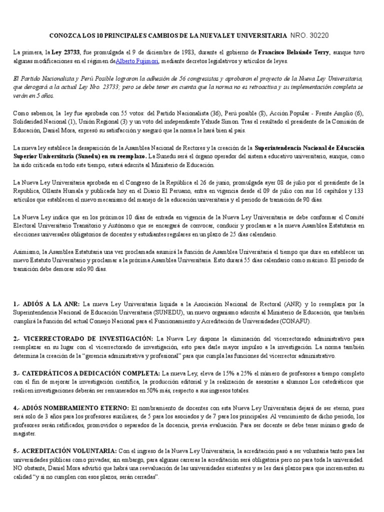 Conozca Los 10 Principales Cambios de La Nueva Ley Universitaria PDF