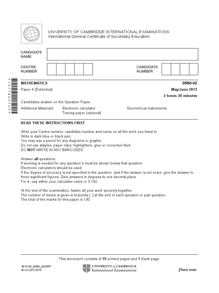 Cambridge IGCSE Mathematics Paper 42 Summer 2013 | PDF | Circle | Tangent