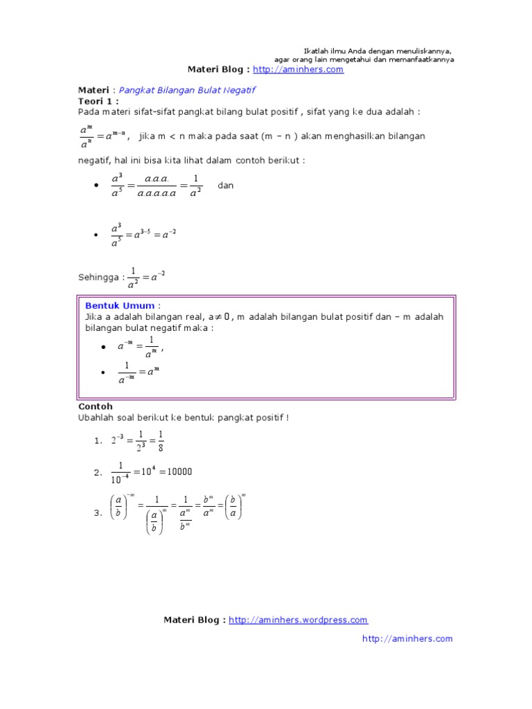 Pangkat Bilangan Negatif Dan Nol