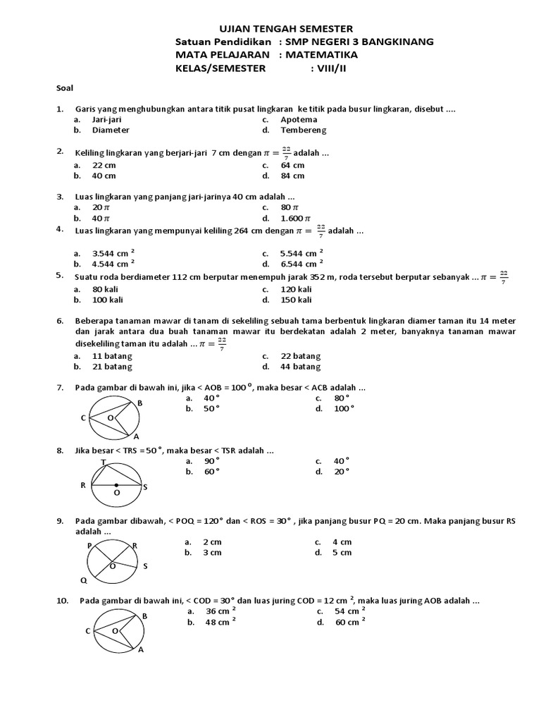 Soal Tengah Semester 2 Matematika Kelas 8