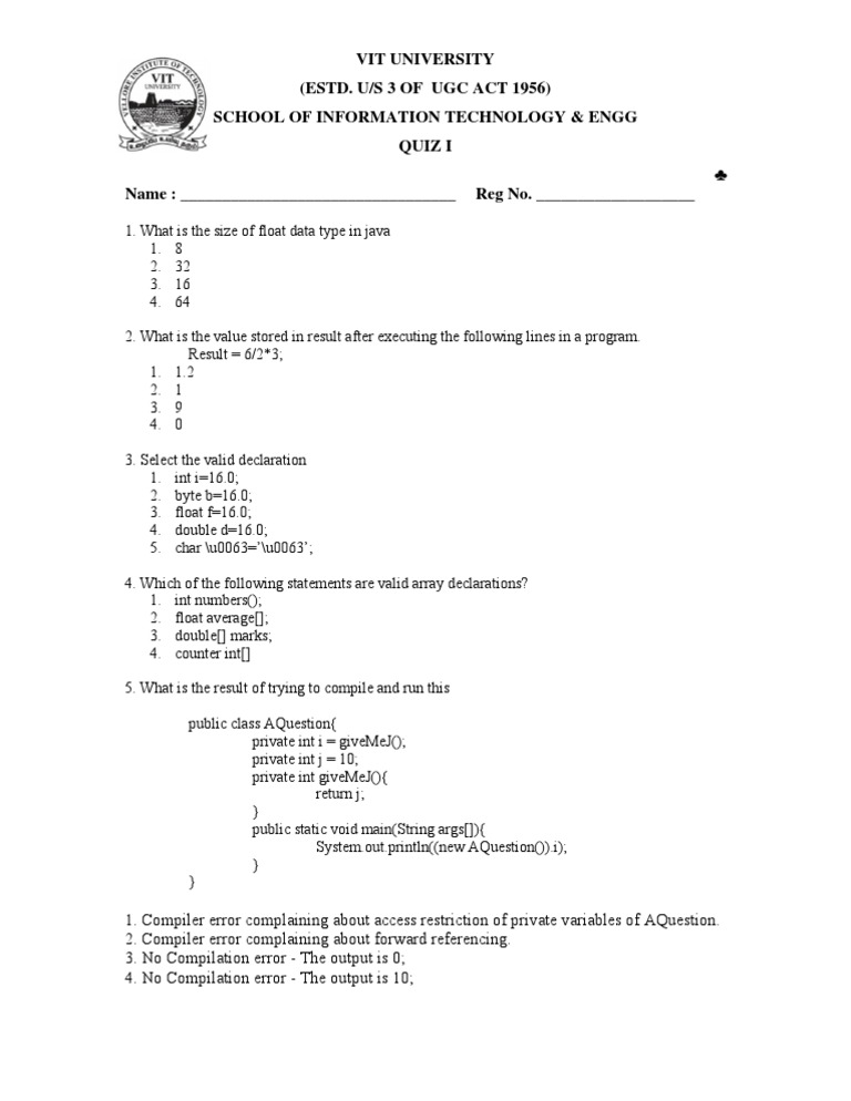 VIT University Quiz I: Java Basics | PDF