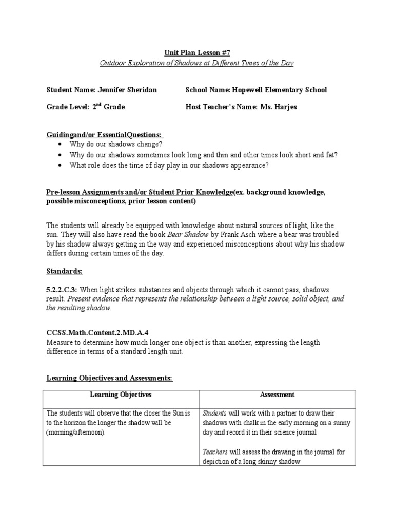 Unit Plan Lesson | PDF | Shadow | Classroom