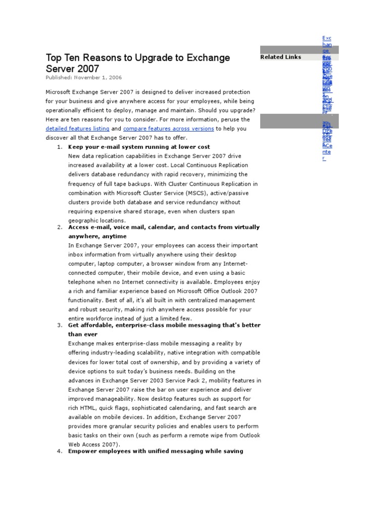 Upgrade Benefits of Exchange Server 2007 | PDF | Microsoft Exchange ...