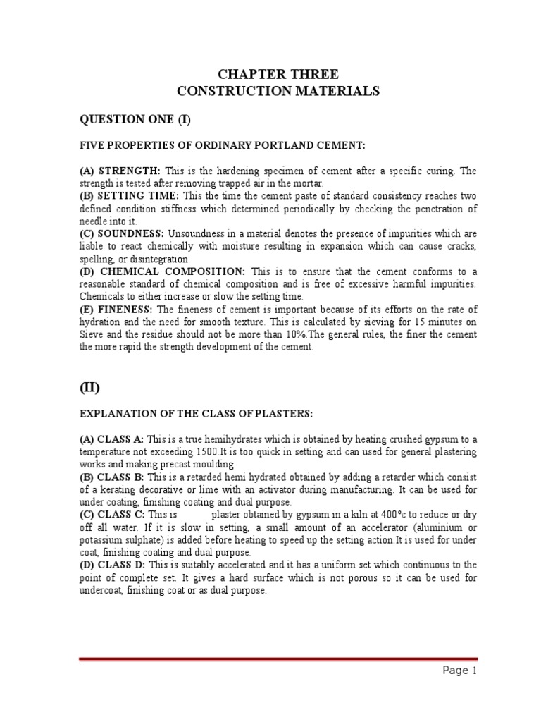 Chapter Three Construction Materials Question One (I) PDF Mortar