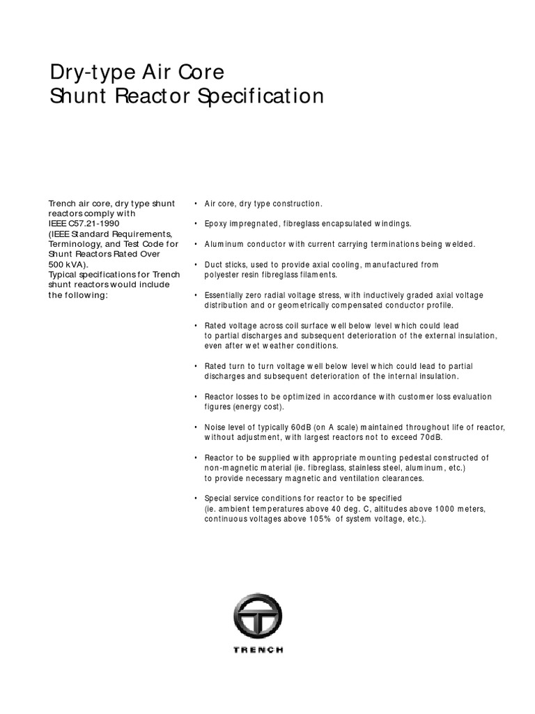 Dry-Type Air Core Shunt Reactor Specification | PDF | Fiberglass ...