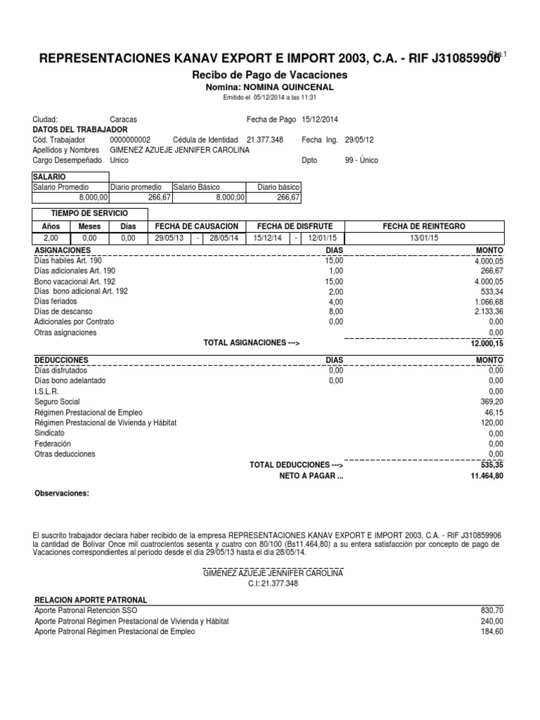 Recibo de Pago de Vacaciones Gastos Business