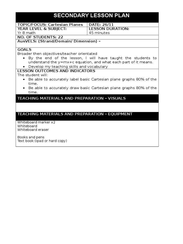 Year 8 Cartesian Plane Lesson Plan | PDF | Teaching Methods & Materials