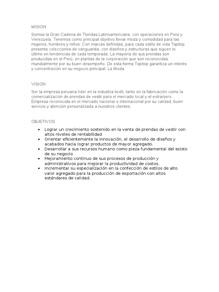 Mision Vision y Objetivos de Topitop | PDF