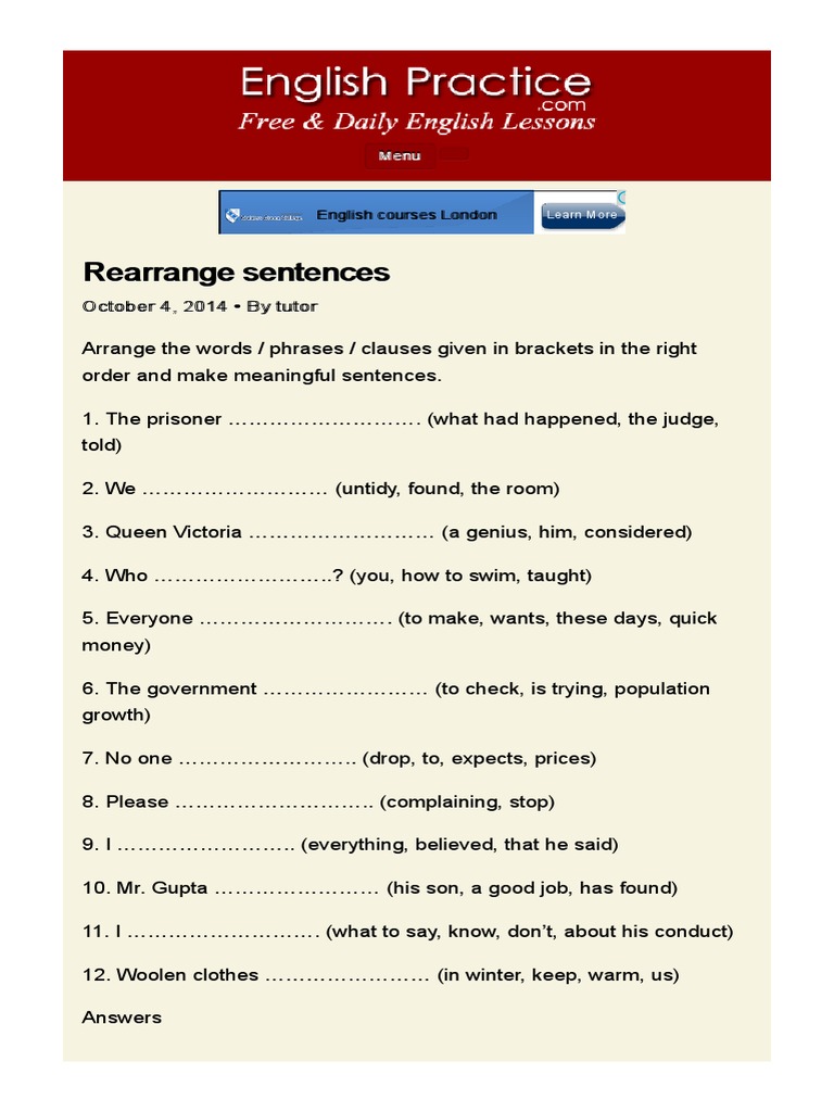 Rearrange Sentences PDF