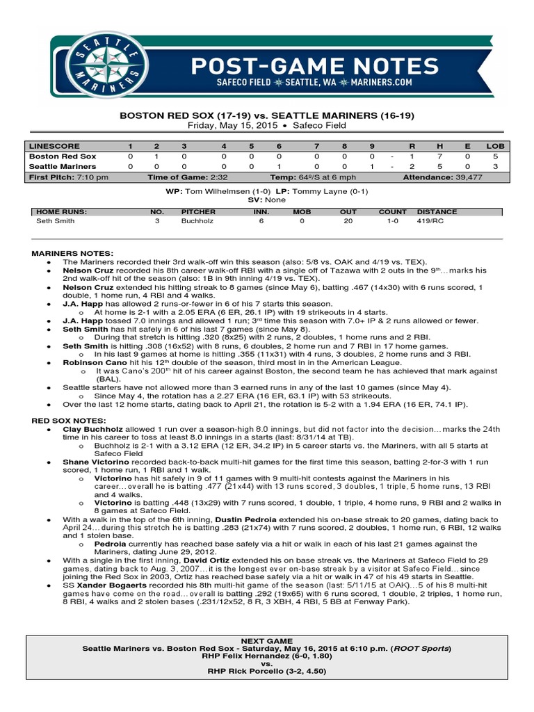 BOSTON RED SOX (17-19) vs. SEATTLE MARINERS (16-19) : Friday, May 15 ...