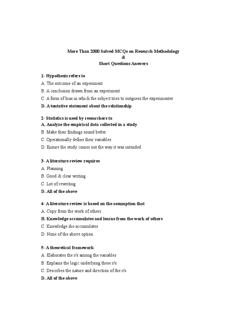 More Than 2000 Solved MCQs on Research Methods Sampling (Statistics