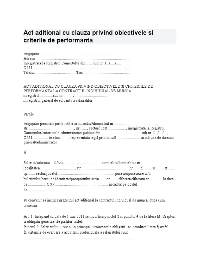 Act Aditional Cu Clauza Privind Obiectivele Si Criterile de Performanta ...