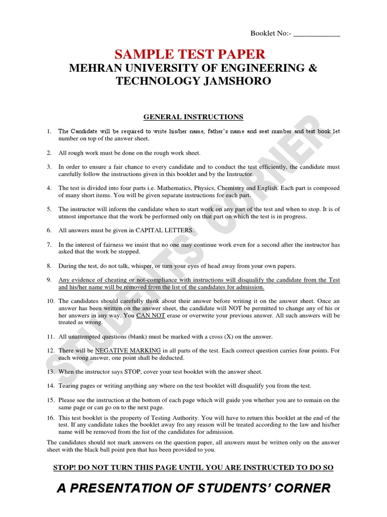 Mehran University Entry Test Sample Paper | PDF | Atmosphere Of Earth ...