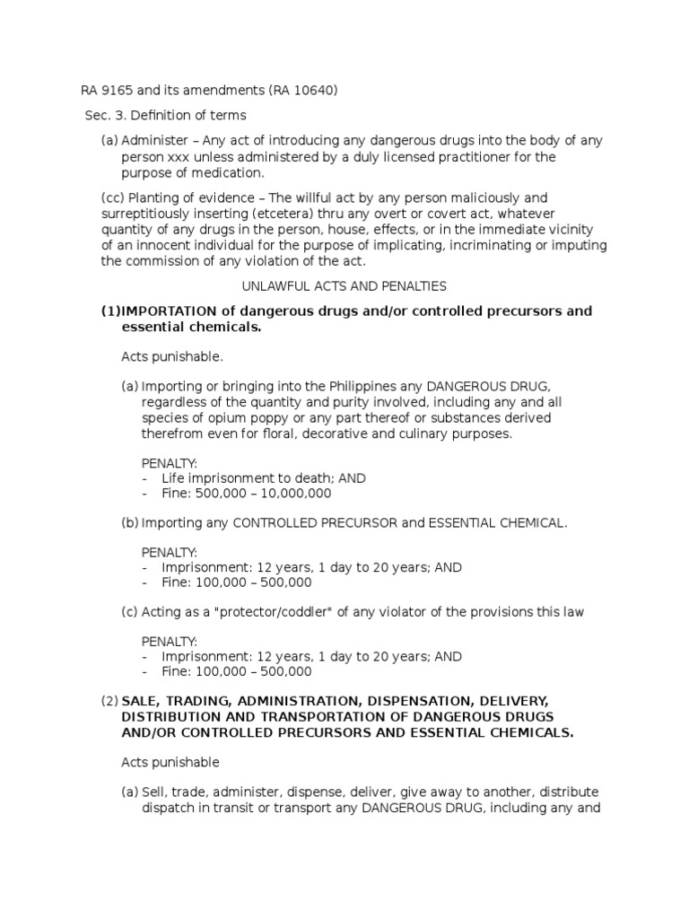 RA 9165 Penalties and Amendments Summary | PDF | Narcotic | Fine (Penalty)