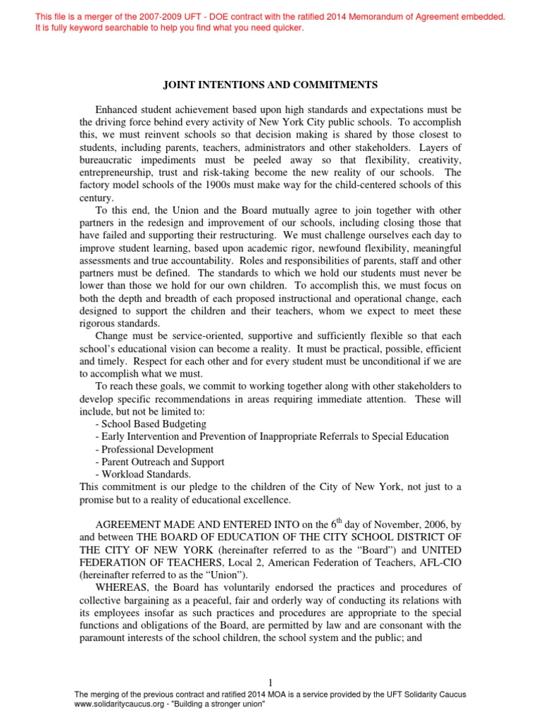 Full UFT Contract From 2009 With 2014 Ratified Sections Included