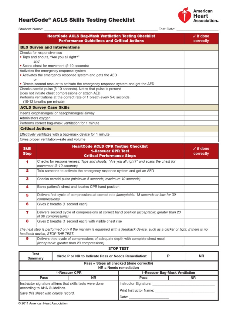 Acls Skills Testing Checklist Cardiopulmonary Resuscitation Medical Treatments