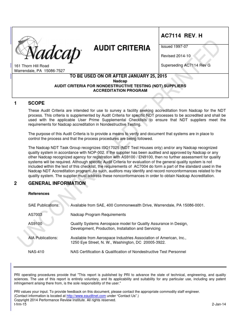 Ac7114 Rev H Audit Criteria For Nondestructive Testing (NDT) To Be Used ...