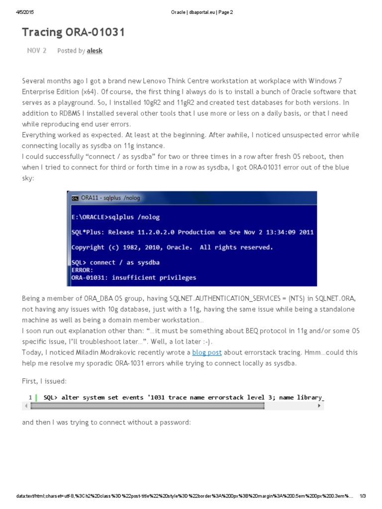 Resolving ORA-01031 Errors | PDF | Oracle Database | Microsoft Windows