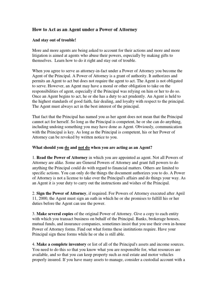How To Act As An Agent Under A Power of Attorney PDF Power Of