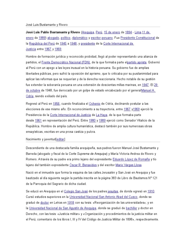 Biografia De Jose Luis Bustamante Y Rivero Politica Gobierno