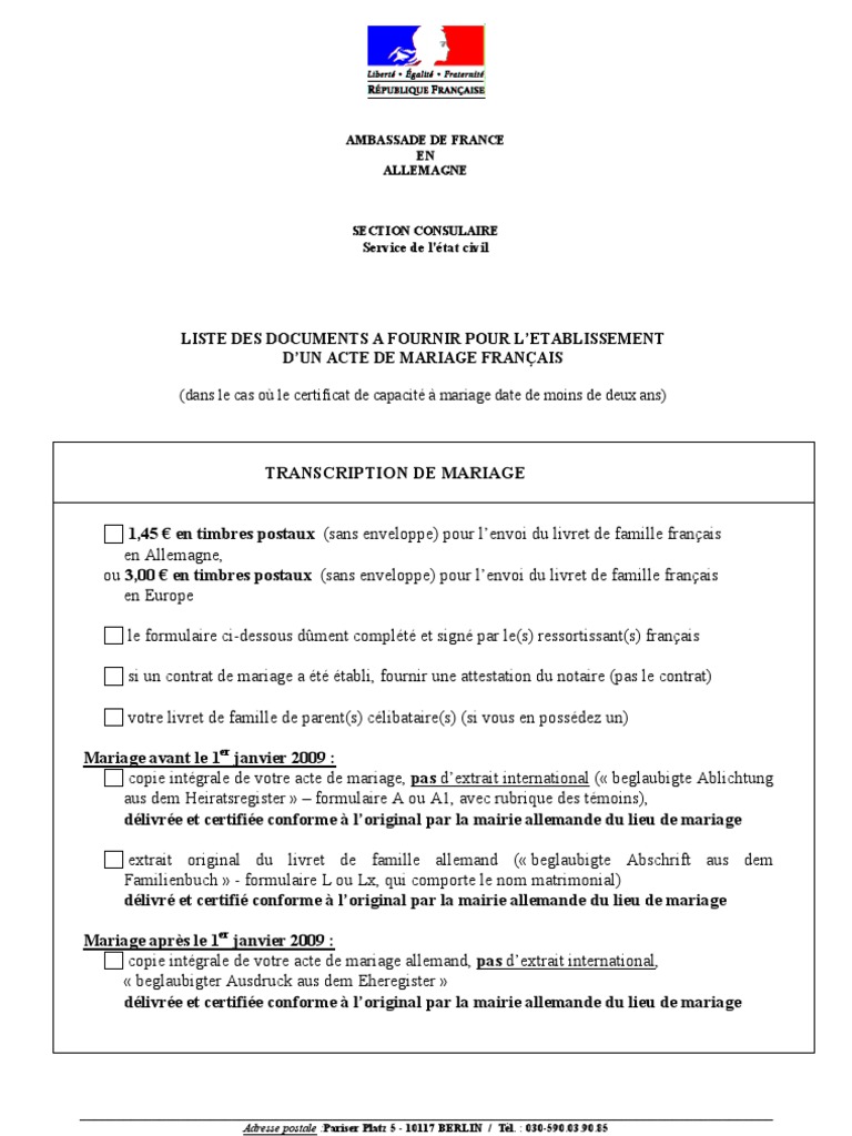 Formulaire De Demande De Transcription De Mariage Demande de Transcription Pour Mariage en Allemagne | PDF | Mariage |  Informations gouvernementales