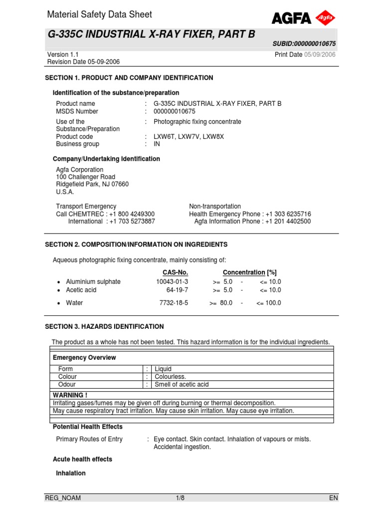 g335c Agfa Industrial XRay Fixer Part B PDF Hazardous Waste Toxicity