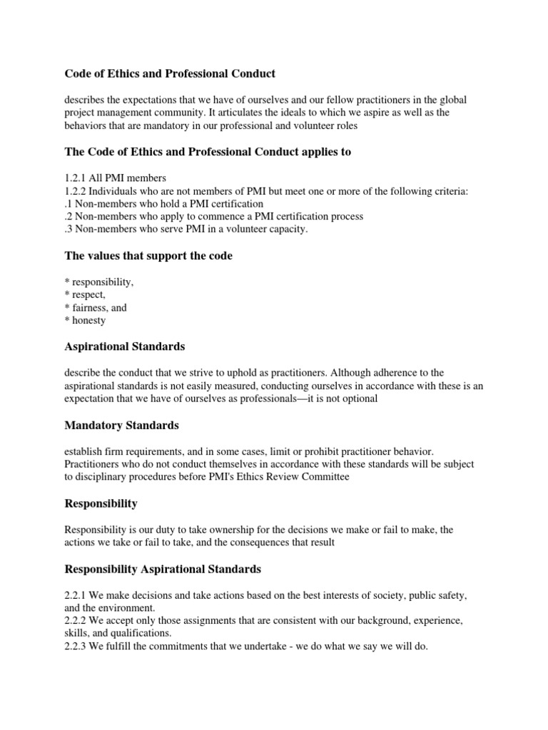 PMI Code of Ethics and Professional Conduct | PDF | Conflict Of ...