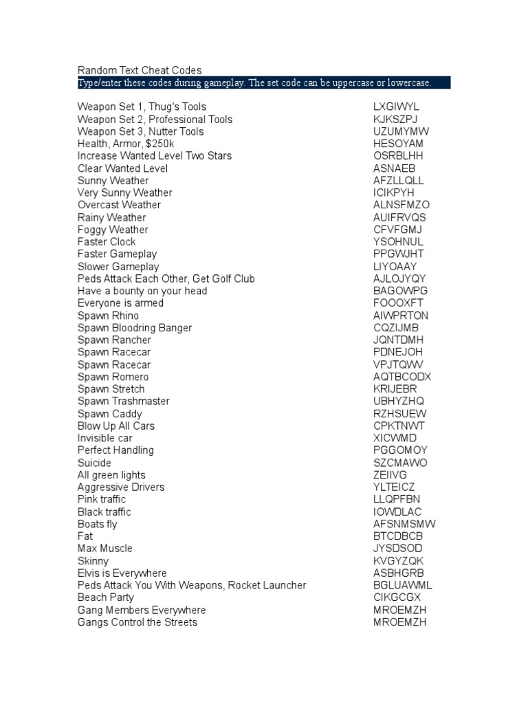 GTA San Andreas Cheat Codes List All Important HD