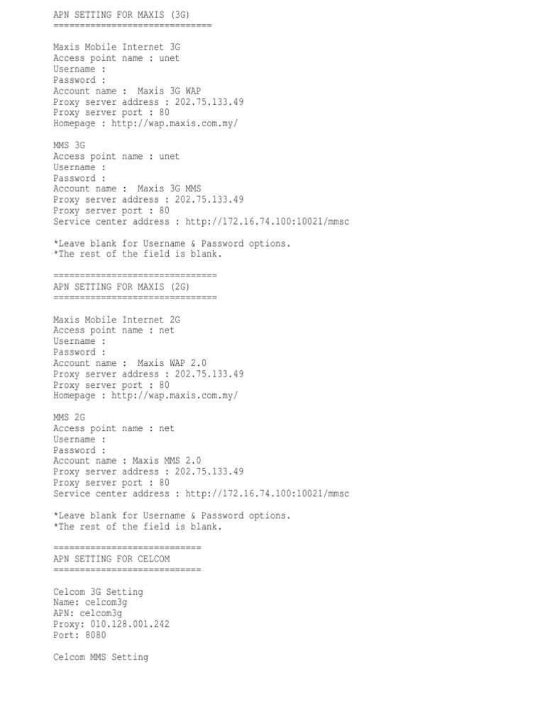 Setting Internet Untuk Digi Maxis Celcom Lain Lain Pdf