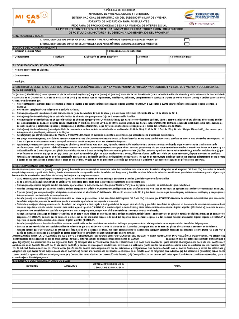 Formulario de Inscripción Al Programa Mi Casa Ya PDF | PDF | Salario ...