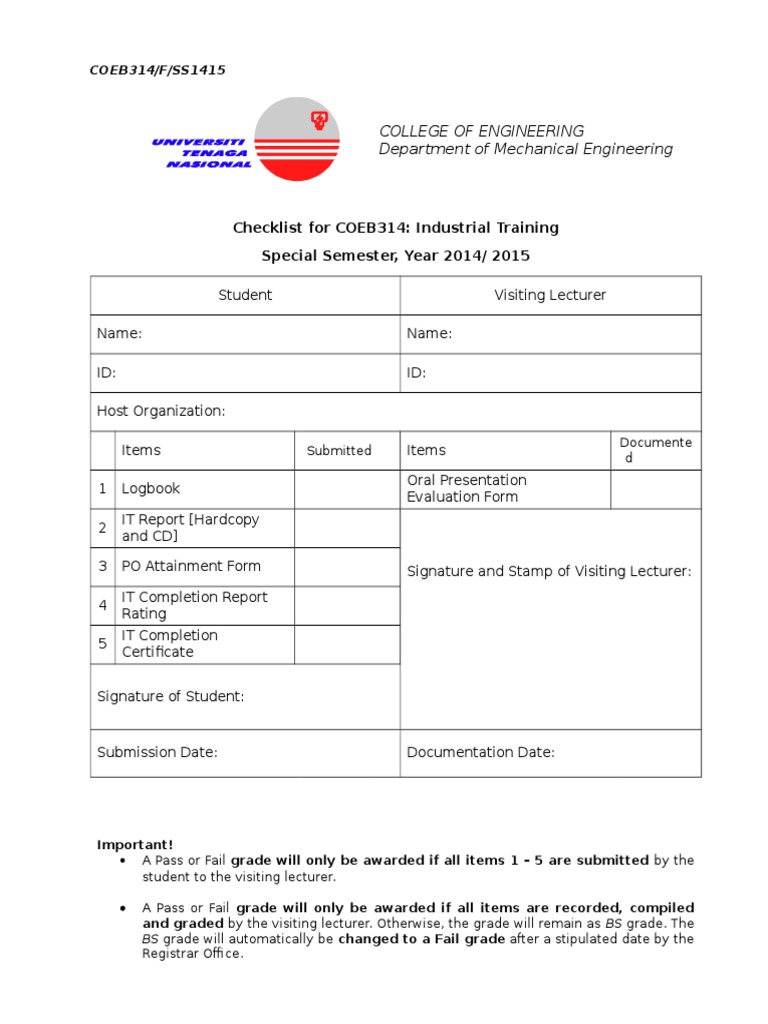 Industrial Training Checklist | PDF | Technology & Engineering