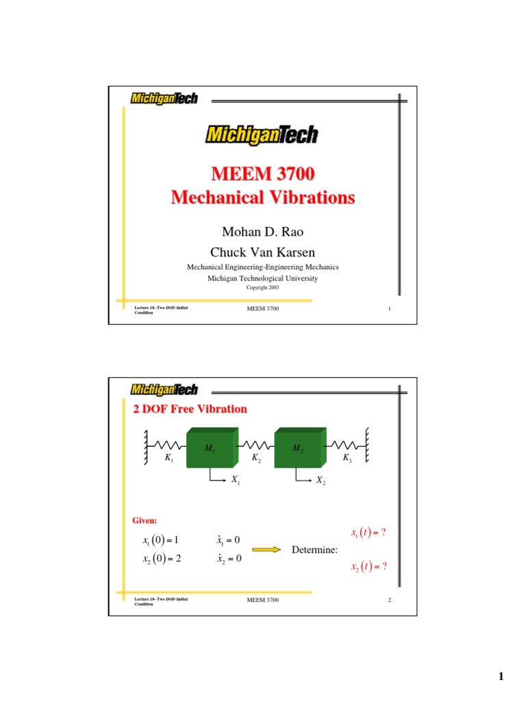 Two DOF Free Vibration Analysis | PDF | Normal Mode | Eigenvalues And ...