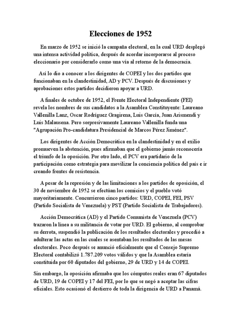 Elecciones de 1952 Venezuela PDF Venezuela Eventos políticos