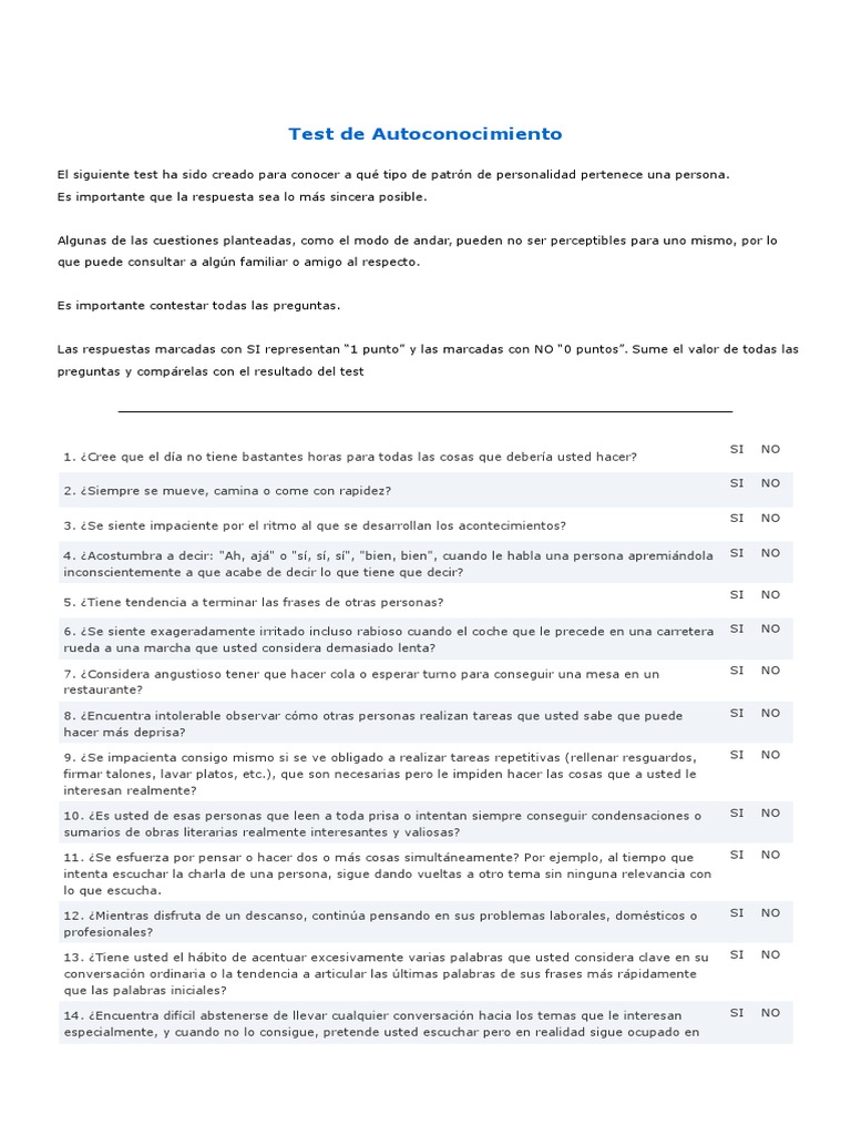 Test de Autoconocimiento | Descargar gratis PDF | Autoestima | Temperamento