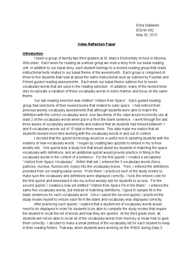 Video Reflection Paper | PDF | Vocabulary | Educational Assessment
