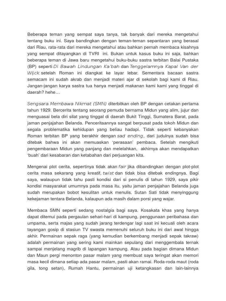 Sinopsis Novel Sengsara Membawa Nikmat Dan Unsur