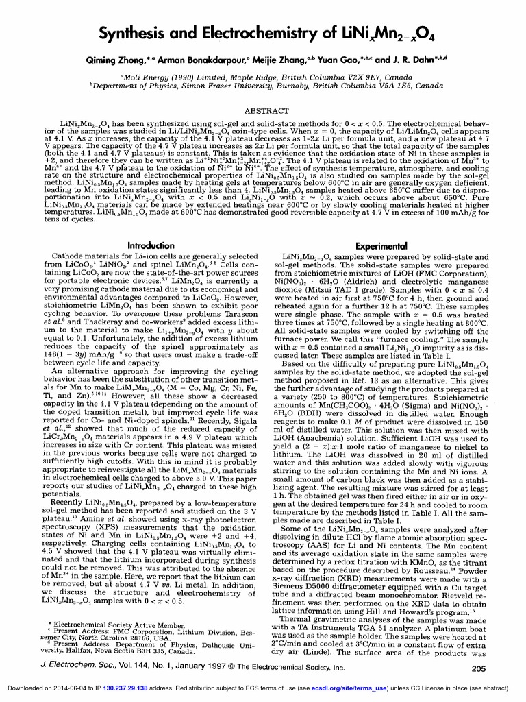 LiNiMn2O4 Synthesis and Electrochemistry | PDF | Electrochemistry ...