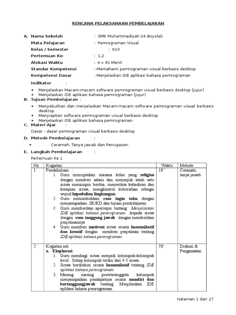 RPP Pemrograman Visual SMK Muhammadiyah | PDF | Karier & Perkembangan
