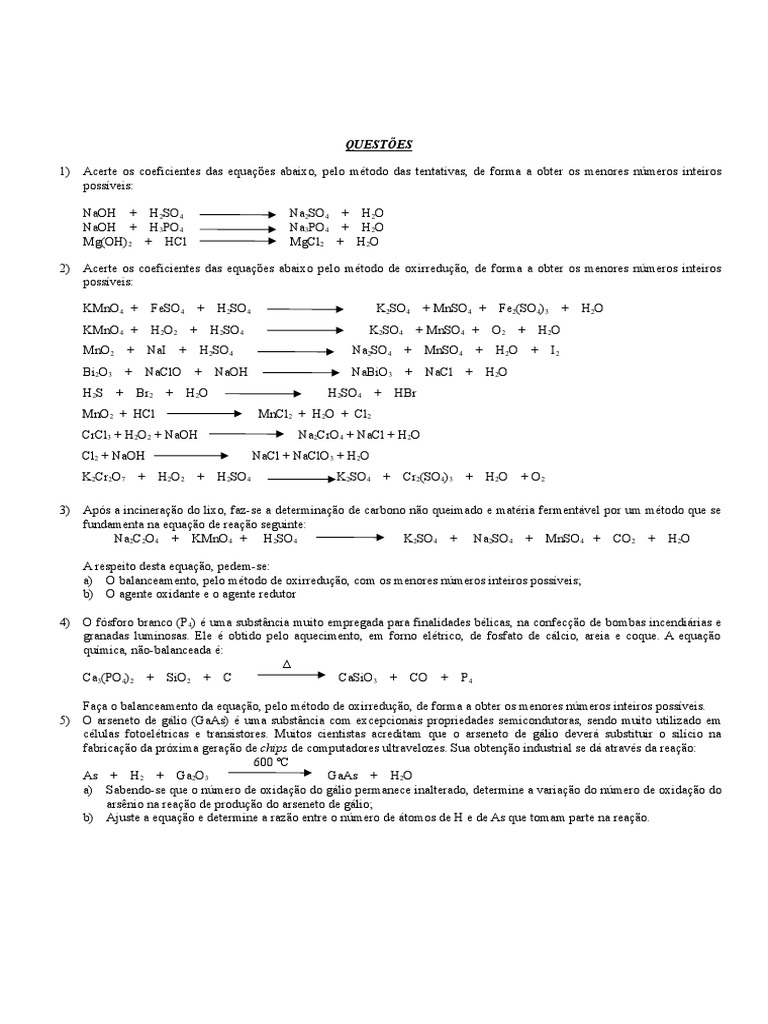 Lista De Exercícios De Balanceamento Químico Com Gabarito