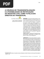 A Cirurgia de Transgenitalização e a Possibilidade de Retificação Do Registro Civil Como Tutela Aos Direitos Do Transexual
