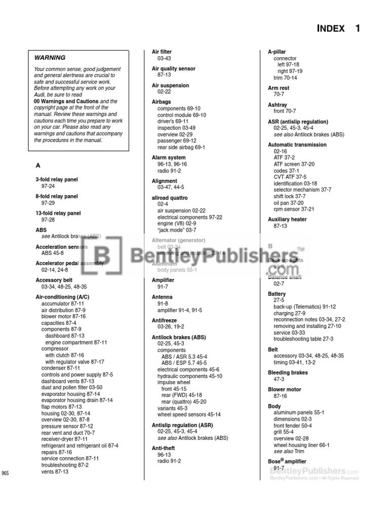 Audi A6 (C5) Repair Manual: 1998-2004 - Index | Anti Lock Braking System |  Transmission (Mechanics)