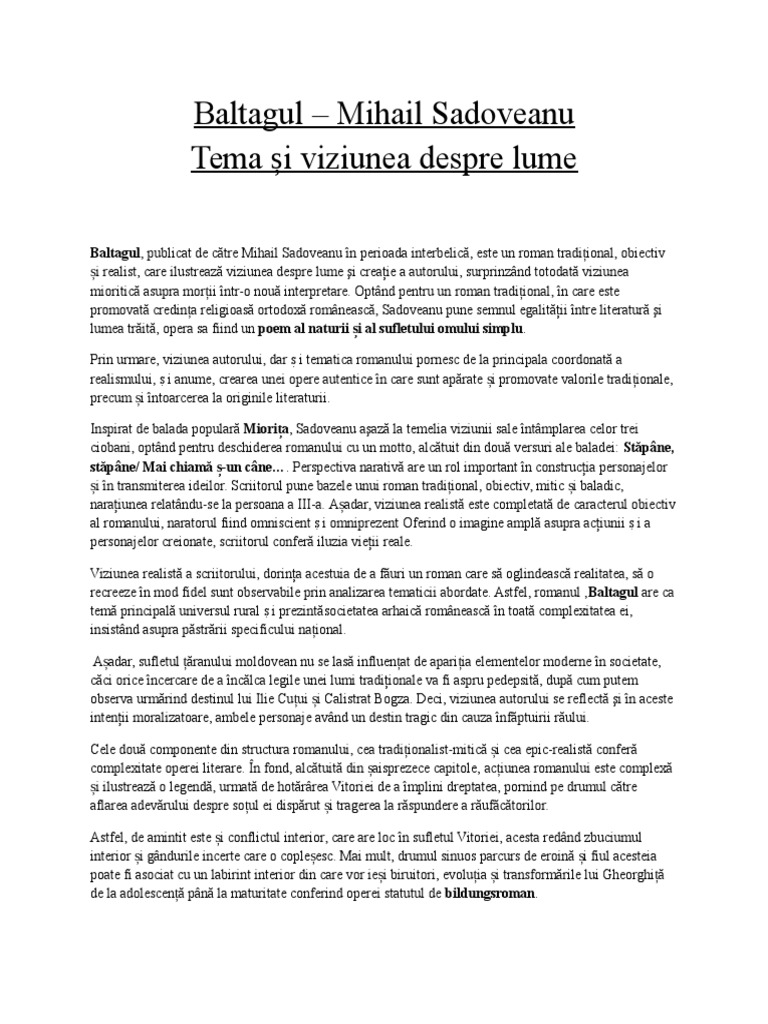 Baltagul - Tema Si Viziunea Despre Lume | PDF