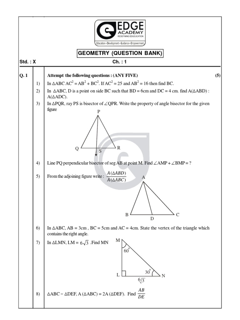 Std. X Geometry Q. Bank For de DW | PDF | Triangle | Euclidean Plane ...