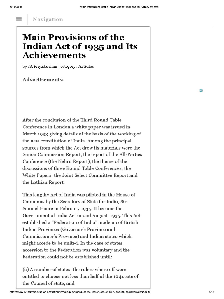 Main Provisions of the Indian Act of 1935 and Its Achievements Indian